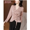 微尚瑶衬衫女2020秋季新款名媛风气质V领系带收腰钉珠上衣女时尚百搭优雅纯色长袖衬衫女7328 粉色 请拍正确尺码