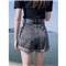 丝克诺依 牛仔短裤女2020年夏季新款高腰a字显瘦宽松卷边胖mm大码女生热裤 黑灰色 M