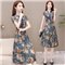格素凡 连衣裙女夏装2020新款韩版V领雪纺碎花长裙阔太太旗袍式中长款显瘦印花过膝蕾丝裙子大码女装潮 蓝色（F92） 女-L 建议体重90-105斤